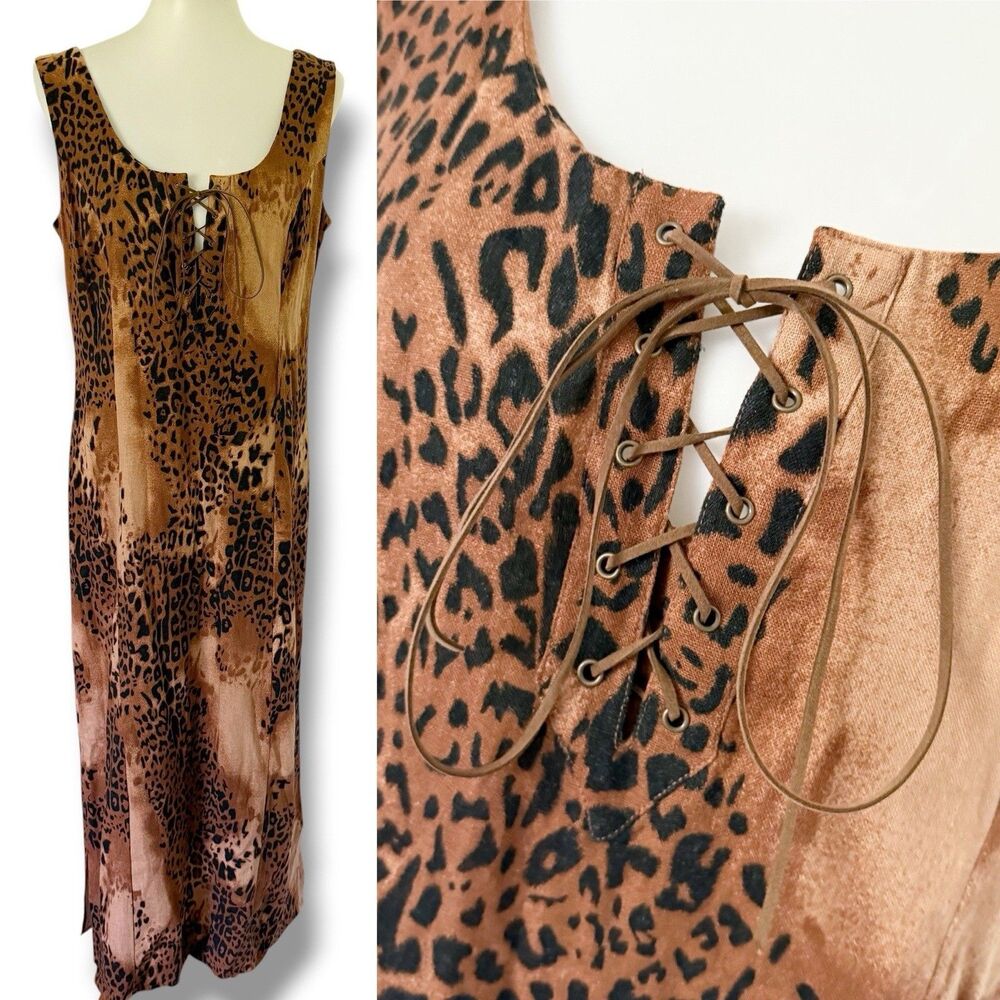Womens Vintage 90s Leopard Print Lace Up Sleeveless Maxi Dress Cotton Linen 12